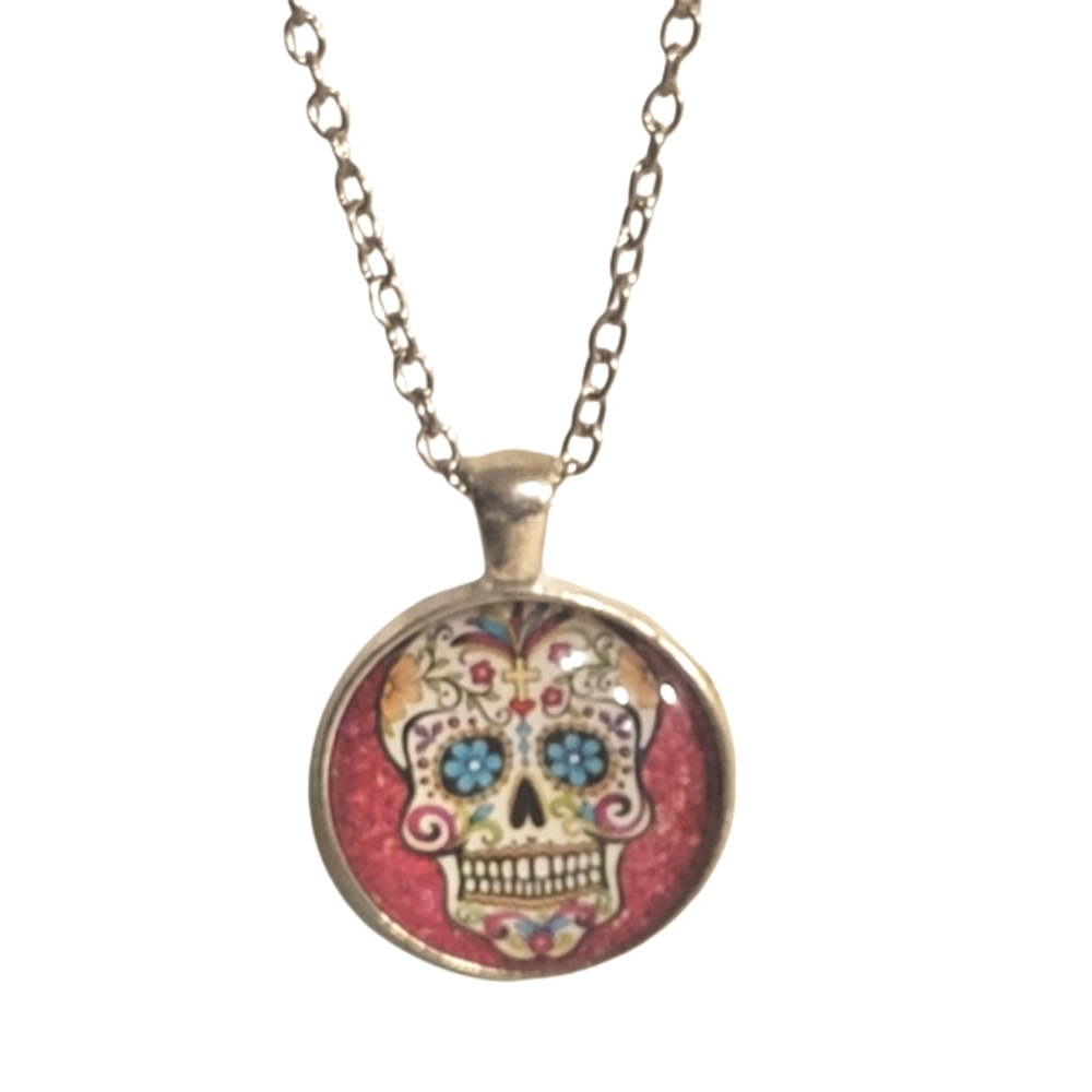 Candy skull necklace. Hot pink. Fuschia on silver chain.